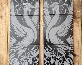 Black & Silver William De Morgan Inspired Phoenix Fireplace Tiles