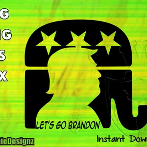 May include: Black and white silhouette of an elephant with three stars above it. The elephant's trunk is curled up and the silhouette is inside a circle. The text "Let's Go Brandon" is below the elephant.