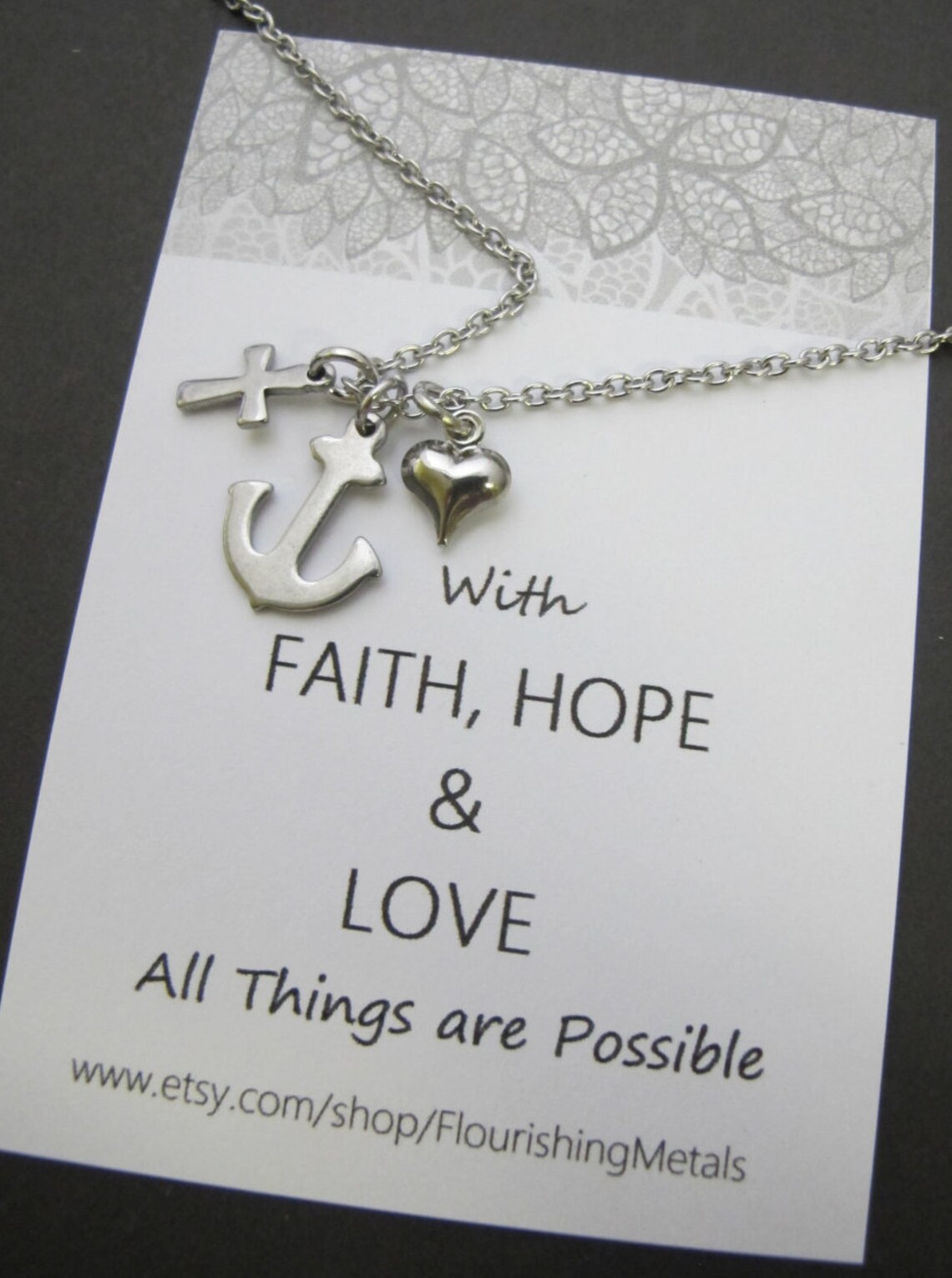 Stainless Steel Faith Hope Courage Charm Necklace - 16" Chain With 2" Extender
