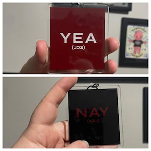 May include: Clear acrylic keyrings featuring the words "YEA" in white on a red background and "NAY" in red on a black background. The keyrings also include the phonetic spelling of each word.