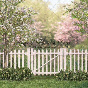 May include: A white picket fence with a gate in the middle, surrounded by green grass and bushes. The background is a blurred image of a garden with pink and white flowers.