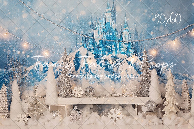 Pu&ograve; includere: Uno sfondo invernale con un castello blu, montagne bianche coperte di neve e alberi argentati. Lo sfondo misura 90 pollici per 60 pollici ed &egrave; perfetto per un servizio fotografico a tema invernale.