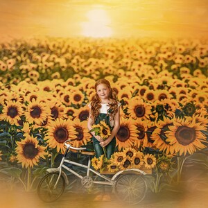 May include: A young person with red hair stands in a field of sunflowers, holding a bouquet. A white bicycle with a basket of sunflowers is in front of them. The sky is a warm yellow, suggesting a sunset.
