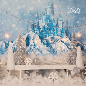 Pu&ograve; includere: Uno scaffale in legno bianco con uno sfondo innevato che presenta un castello blu e alberi di Natale argentati. Lo scaffale &egrave; decorato con fiocchi di neve bianchi, ornamenti argentati e una gabbia per uccelli bianca. Il testo "Fancy Fabric & Props" e "www.fancyprops.com" &egrave; visibile sullo sfondo.