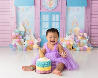 Pink Ice Cream Shop Backdrop 7x5FT - Candy House Theme For Birthday Photos & Parties