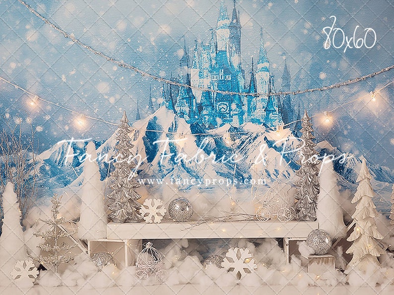 Pu&ograve; includere: Uno sfondo invernale da favola con un castello blu, montagne innevate bianche, alberi argentati e neve bianca e soffice. Lo sfondo misura 80x60 pollici ed &egrave; perfetto per un servizio fotografico a tema invernale.