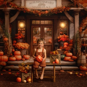 May include: A young child sits on a wooden bench in front of a fall-themed storefront. The storefront is decorated with pumpkins, gourds, and fall foliage. The sign above the door reads "Autumn Harvest Marketplace".