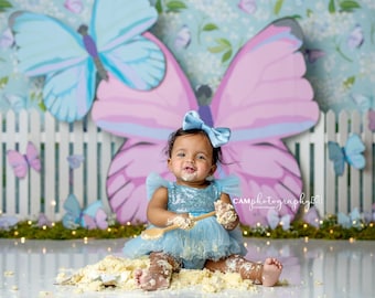 Free As A Butterfly - Photography Printed Backdrop- Fabric Backdrop- Polypaper Backdrop- Butterfly- Fence- Pastel