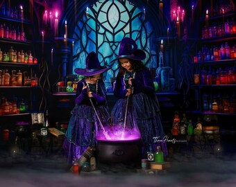 May include: Two young witches in purple and black costumes stir a cauldron with glowing purple liquid. They are in a dark room with shelves of potion bottles and candles.