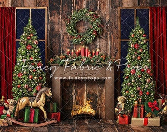 Classic Christmas Fireplace - Wrinkle Free Fabric - Photography Backdrop