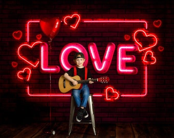 Neon Love - Photography Printed Backdrop- Fabric Backdrop- Polypaper Backdrop- Valentine&#39;s Day- Neon- Love