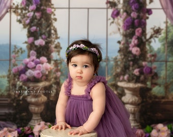 Elegant Princess View -Photography Printed Backdrop- Fabric Backdrop- Polypaper Backdrop-purple - flowers - windows - castle - drapes-