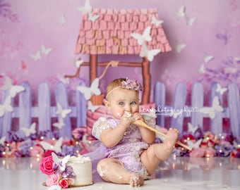 Princess Wishing Well -Photography Printed Backdrop- Fabric Backdrop- Polypaper Backdrop- Well- Purple- Spring- Fence- Florals