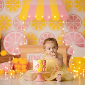 Lucky Lemons -Photography Printed Backdrop- Fabric Backdrop- Polypaper Backdrop- Lemonade Stand- Pink and Yellow- Summer