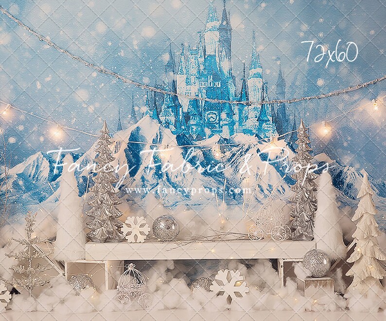 Pu&ograve; includere: Uno sfondo invernale da favola con un castello blu, montagne innevate e alberi argentati. Una panchina bianca con una carrozza argentata e decorazioni a forma di fiocco di neve si trova in primo piano. Lo sfondo misura 183 cm per 152 cm.