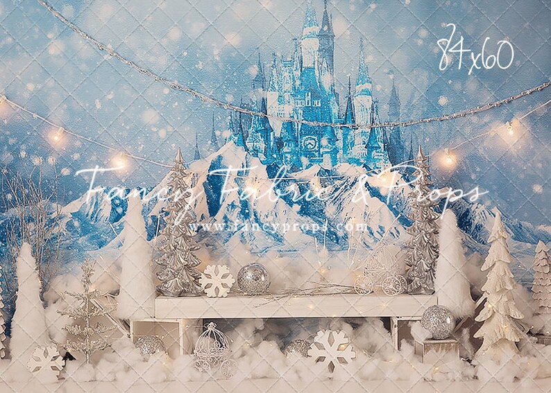 Pu&ograve; includere: Uno sfondo invernale da favola con un castello blu, montagne innevate e alberi bianchi. Lo sfondo &egrave; decorato con luci bianche e fiocchi di neve. Il testo "Fancy Fabric & Props" e "www.fancyprops.com" &egrave; visibile nell'immagine. Lo sfondo misura 213 cm per 152 cm.
