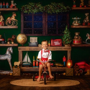 Holly Jolly Workshop - Photography Printed Backdrop - Fabric Backdrop - Poly Paper Backdrop - Christmas - Santa - Toys - Presents - Elves