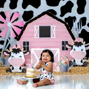 Pink Dairy Farm -Photography Printed Backdrop- Fabric Backdrop- Polypaper Backdrop- Farm- Moo- Cow- Pink Barn