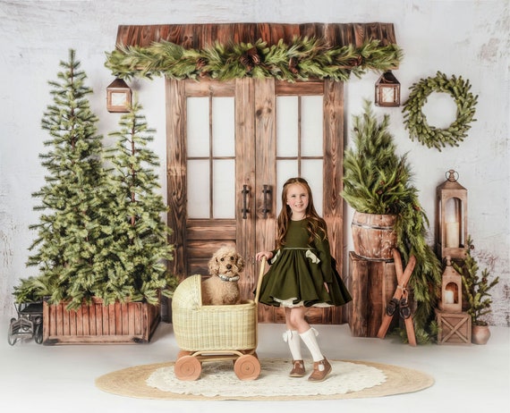 dress barn holiday Charming Entry -Wrinkle Free Fabric- Christmas Photography Backdrop - rustic - doors - White - - Holiday - winter Last Chance