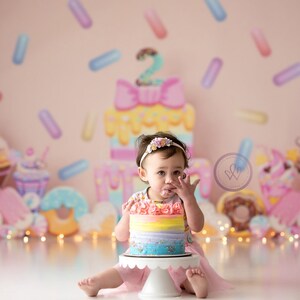 Two Sweet - Photography Printed Backdrop- Fabric Backdrop- Polypaper Backdrop- Birthday- Cake- 2 Tier Cake- Sprinkles- Pink- Two Years