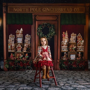 North Pole Gingerbread - Photography Printed Backdrop- Fabric Backdrop- Polypaper Backdrop- Store Front- Gingerbread- Christmas Store