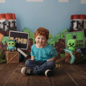 May include: A young boy with red hair sits on a wooden floor in front of a backdrop decorated with Minecraft-themed items. The backdrop features a blue sky, green grass, and various Minecraft blocks, signs, and characters. The boy is wearing a blue shirt and jeans. He is smiling and looking at the camera.