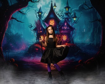 Haunted Castle A Glow - Photography Printed Backdrop - Fabric Backdrop - Polypaper Backdrop - Spooky - Creepy - Scary - Trick or Treat