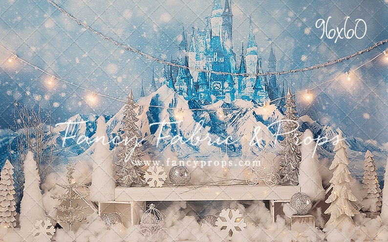 Pu&ograve; includere: Uno sfondo invernale da favola con un castello blu, montagne innevate e alberi bianchi. Lo sfondo &egrave; decorato con luci bianche e fiocchi di neve. Il testo "Fancy Fabric & Props" e "www.fancyprops.com" &egrave; visibile nella parte inferiore dell'immagine. Lo sfondo misura 229x152 cm.