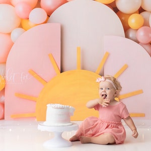 Boho Sunshine - Sunshine, Arch, Balloons 1st Birthday - Photography Backdrop