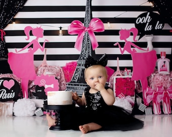 Erin in Paris - Wrinkle Free Fabric - Photography Printed Backdrop- Fabric Backdrop- Polypaper Backdrop- Eiffel Tower- Shopping- Girl-Cake