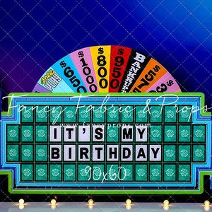 May include: A blue and green game show backdrop with a wheel of fortune and a large game board that says "It's My Birthday".