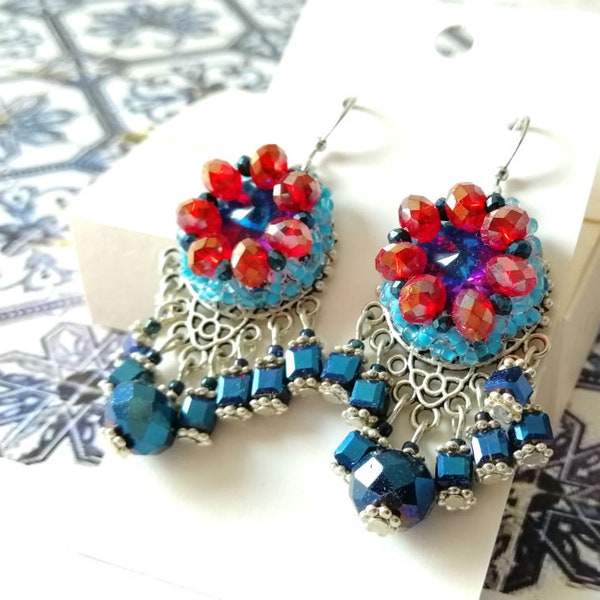 Cluster earrings, beaded blue red earrings, beadwork jewelry, gift for her, dangle drop glass bead earrings, sterling silver earrings
