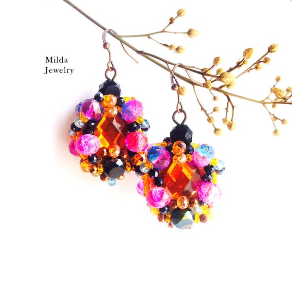 Colorful glass beaded earrings, copper, orange, pink, black earrings, beadwork