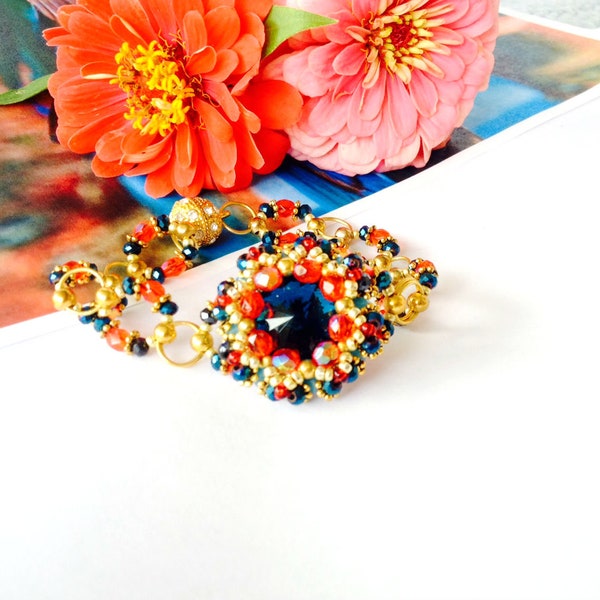 Bracelet en perles, cabochon bracelet pour femme, rouge, bleu, fait main, bracelet doré, rivoli