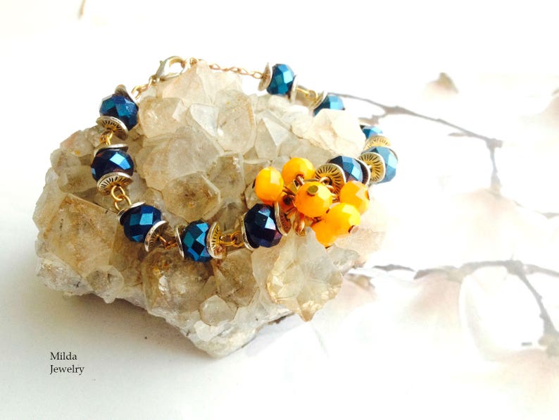 Women Bracelet Blue Orange Bead Bracelet Handmade Craft Etsy