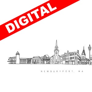 DIGITAL Newburyport print, Newburyport drawing, Newburyport Massachusetts, Newburyport line drawing, Newburyport MA, Newburyport skyline
