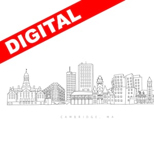 DIGITAL Cambridge print, Cambridge drawing, Cambridge Massachusetts line drawing print, Cambridge Massachusetts, Cambridge line drawing