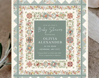 Quilt Baby Shower Invitation, Green Floral, Gender Neutral PDF, Baby Shower invitation, green baby showe, Baby shower gender neutral