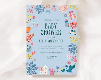 Zaproszenie na baby shower z niebieskimi kwiatami, edytowalny szablon (pobranie cyfrowe)