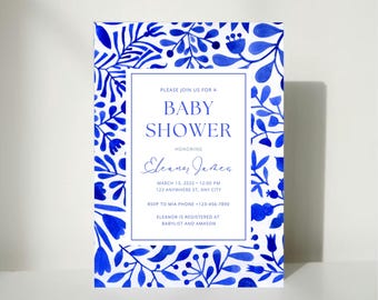 Niebieskie kwiatowe zaproszenie na baby shower, neutralne pod względem płci (PDF), Zaproszenie na baby shower, niebieskie kwiatowe zaproszenie, niebiesko-białe, neutralne pod względem płci