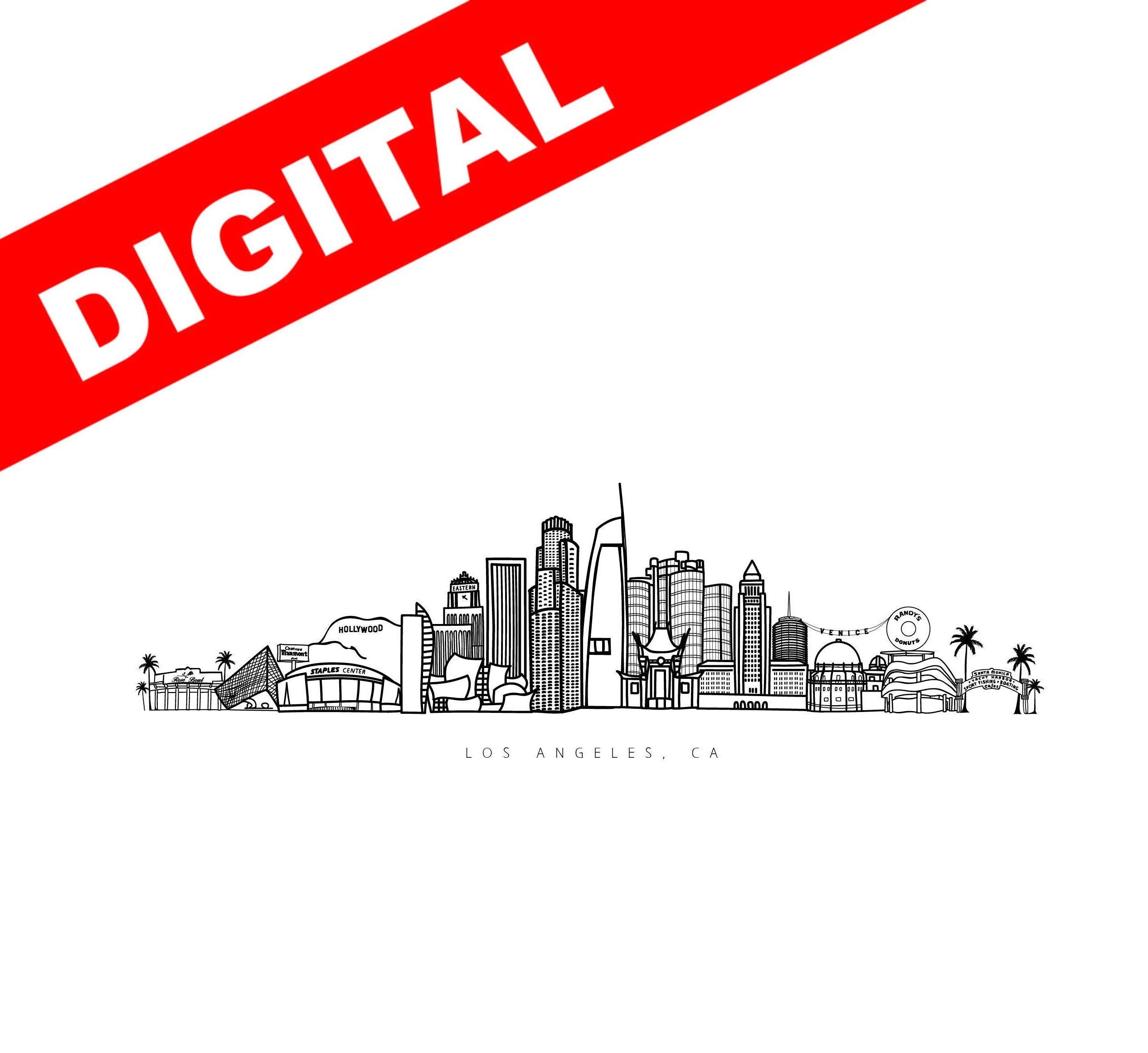 Los Angeles Skyline Digital Print, LA Print, LA California