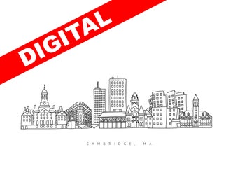 DIGITAL Cambridge print, Cambridge drawing, Cambridge Massachusetts line drawing print, Cambridge Massachusetts, Cambridge line drawing