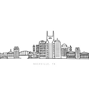 Może przedstawiać: Czarno-biały rysunek linii horyzontu Nashville, TN. Horyzont przedstawia kilka budynk&oacute;w, w tym ikoniczny budynek AT&T, oraz most.