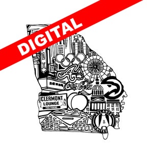 Digital Atl Georgia line drawing, Atlanta Georgia, Atlanta line drawing, Georgia print, Atlanta Falcons, Atlanta Braves, atl