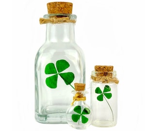 Real four leaf clover in corked bottle, Perfect for a Leprechaun Trap on St. Patrick's Day, by I Believe in Mermaids (Miniature)