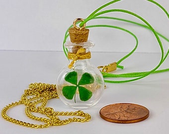 St. Patrick's Day Necklace, Real Four Leaf Clover Corked Bottle Pendant, Kids Jewelry, perfect for a leprechaun trap