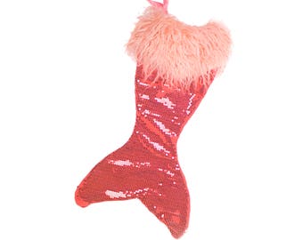 Mermaid Tail Christmas Stocking - Salmon Siren Sequin Shag- made by I Believe in Mermaids