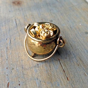 Könnte beinhalten: Ein goldfarbener Topf gefüllt mit Goldmünzen. Der Topf hat einen Henkel und steht auf einer Holzoberfläche.