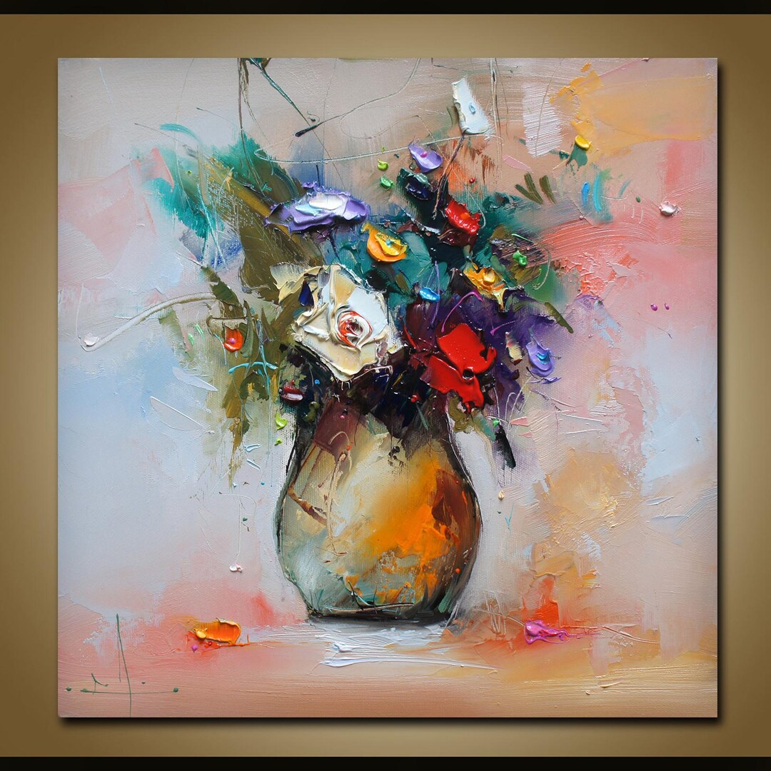 Original Oil Painting Bouquet, Modern Expressionism Palette Knife Art ...