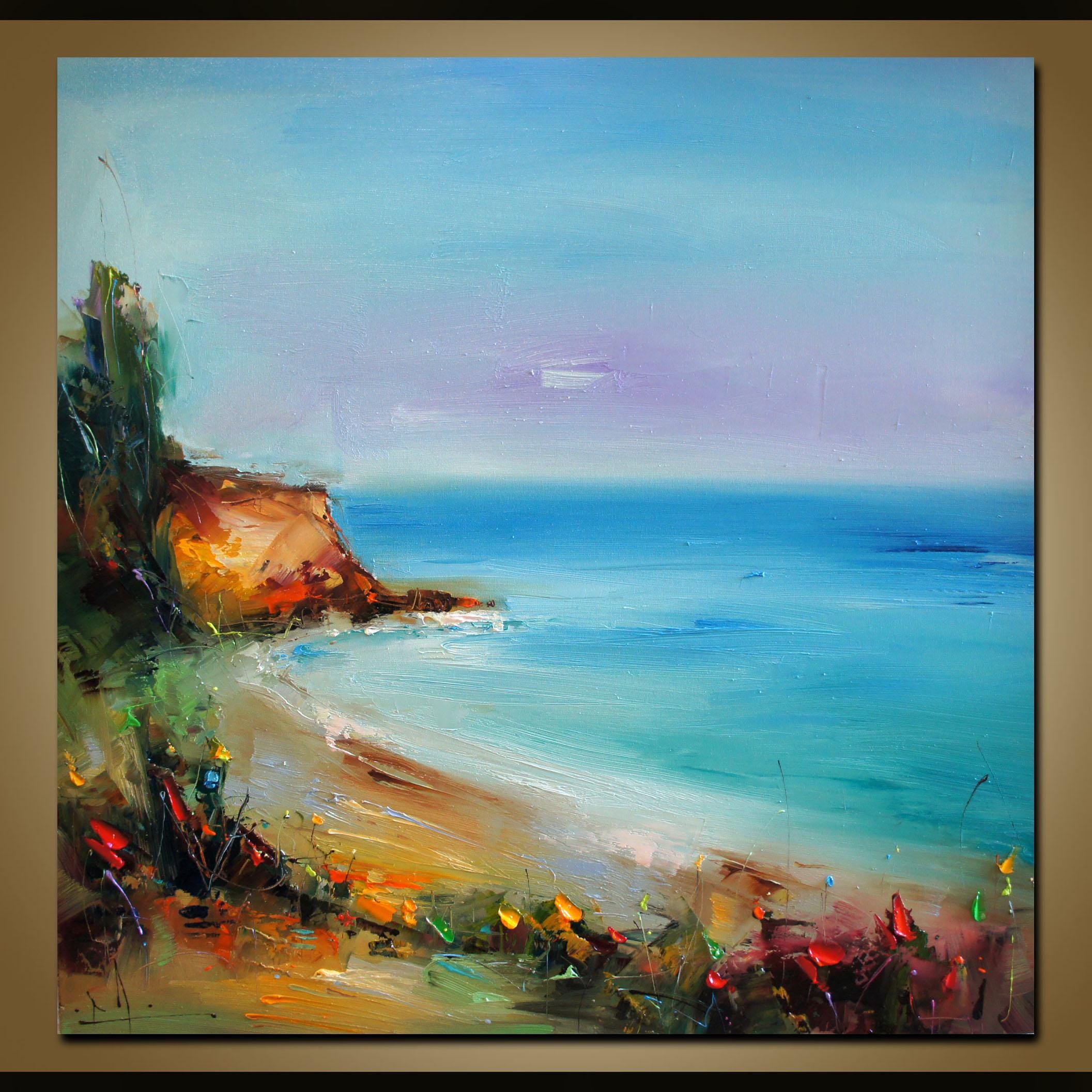 Original Beach Oil Painting on Canvas, Coastal Abstract Art (32x32) - Etsy